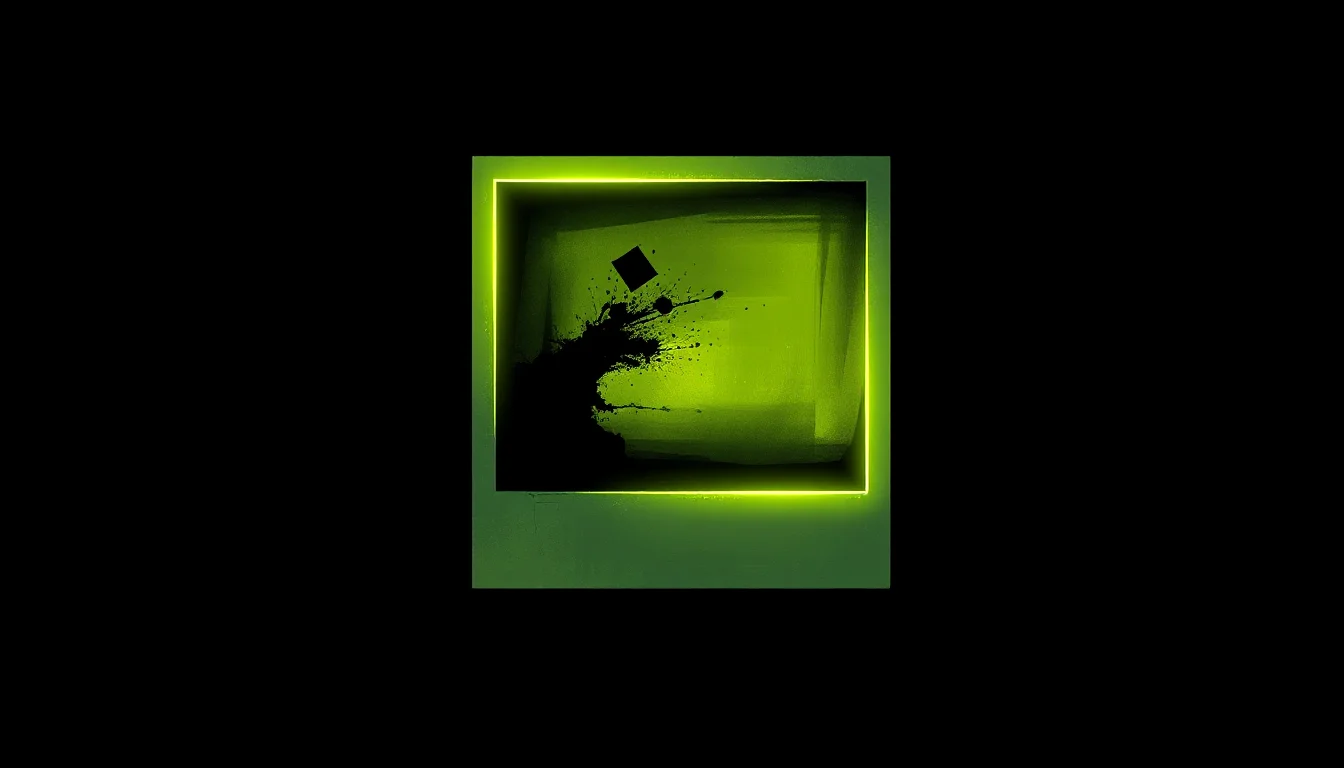 Dark editorial cover: a glowing electric lime polaroid frame floats in a deep black void, its interior lit by abstract ink splatter and luminous brushstrokes in yellow-green, as if an image is mid-generation.