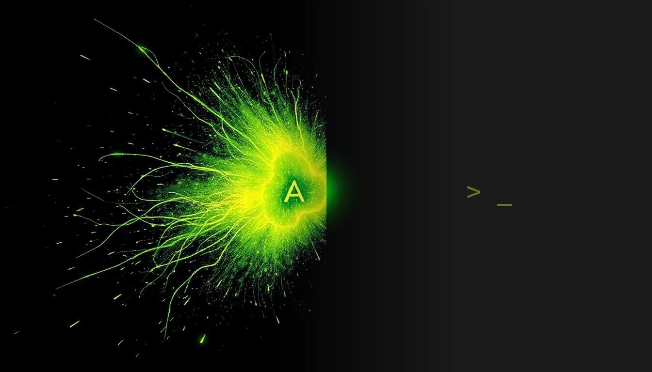 Dark editorial cover: a chaotic electric lime energy burst dominates the left, tendrils reaching right but fading into a charcoal void where a dim '> _' prompt waits alone on the right, empty and unaware.