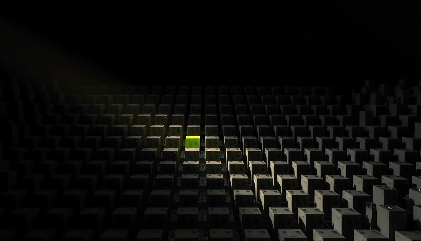 Dark editorial cover: rows of identical dim grey PC tower shapes recede into a charcoal void, a single diagonal beam of light picking out one box and lighting it electric lime among the uniform dark noise.