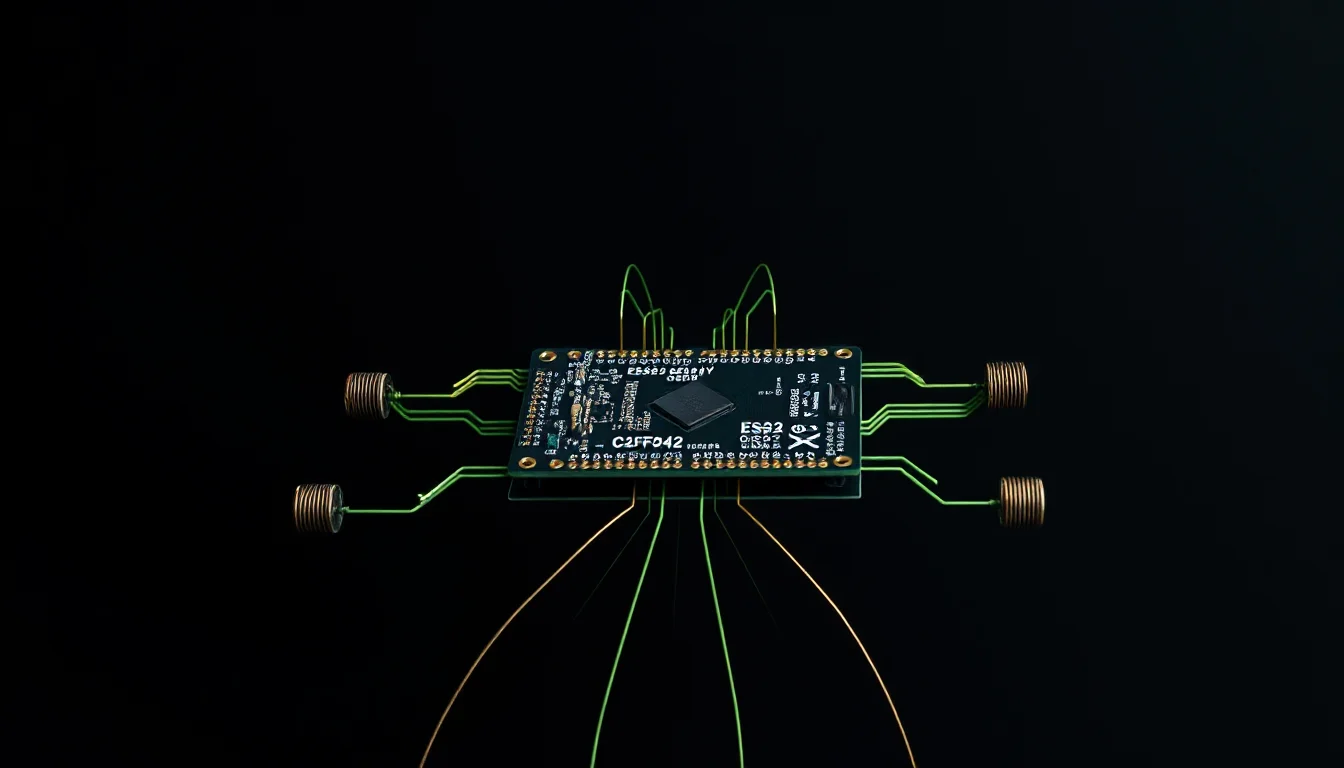 Abstract dark editorial cover: electric lime circuit traces branch from a central microcontroller across a charcoal void toward four stepper motor coils at the corners, like a schematic rendered as sculpture.