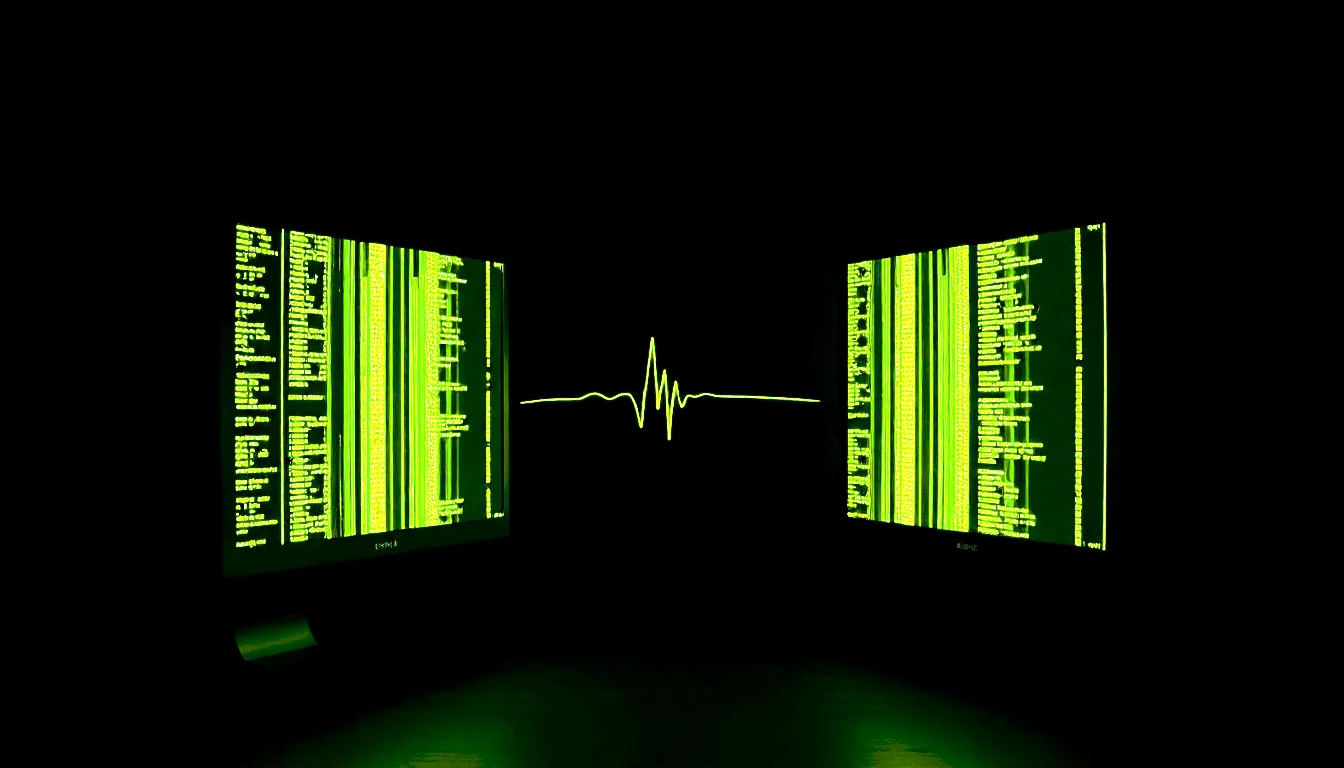 Two dark terminal monitors face each other across a black void, electric lime text cascading down each screen, a heartbeat pulse line connecting them at center.