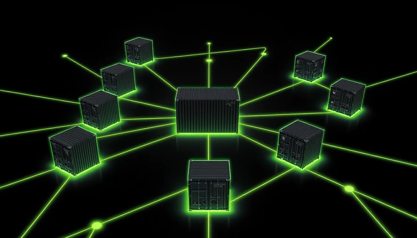 Dark editorial cover: large corrugated shipping-container nodes in a hub-and-spoke network map, glowing electric lime-green rim-light and connecting lines converging on one bright central container against a true black void.