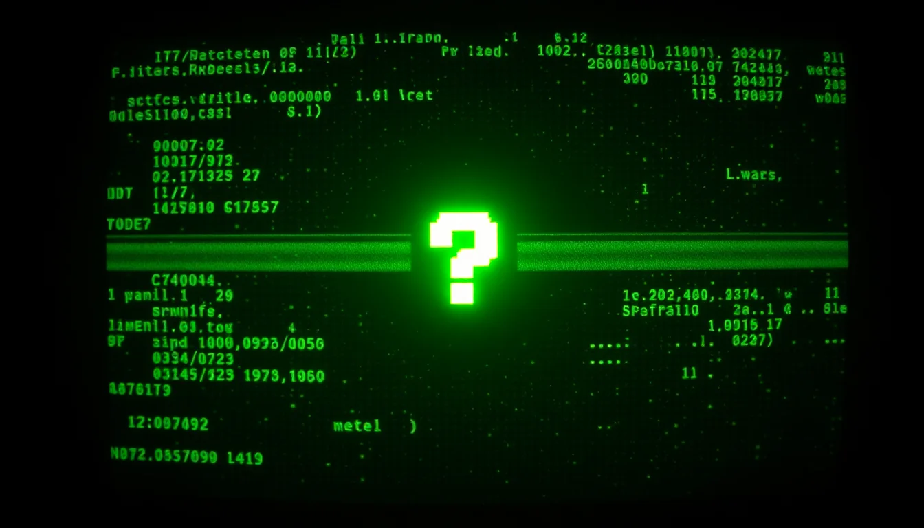 Dark editorial cover: a CRT terminal screen in near-black, cascading dim phosphor code filling the frame, with a single brilliant electric lime question mark blazing at the centre — a machine suspended mid-doubt.