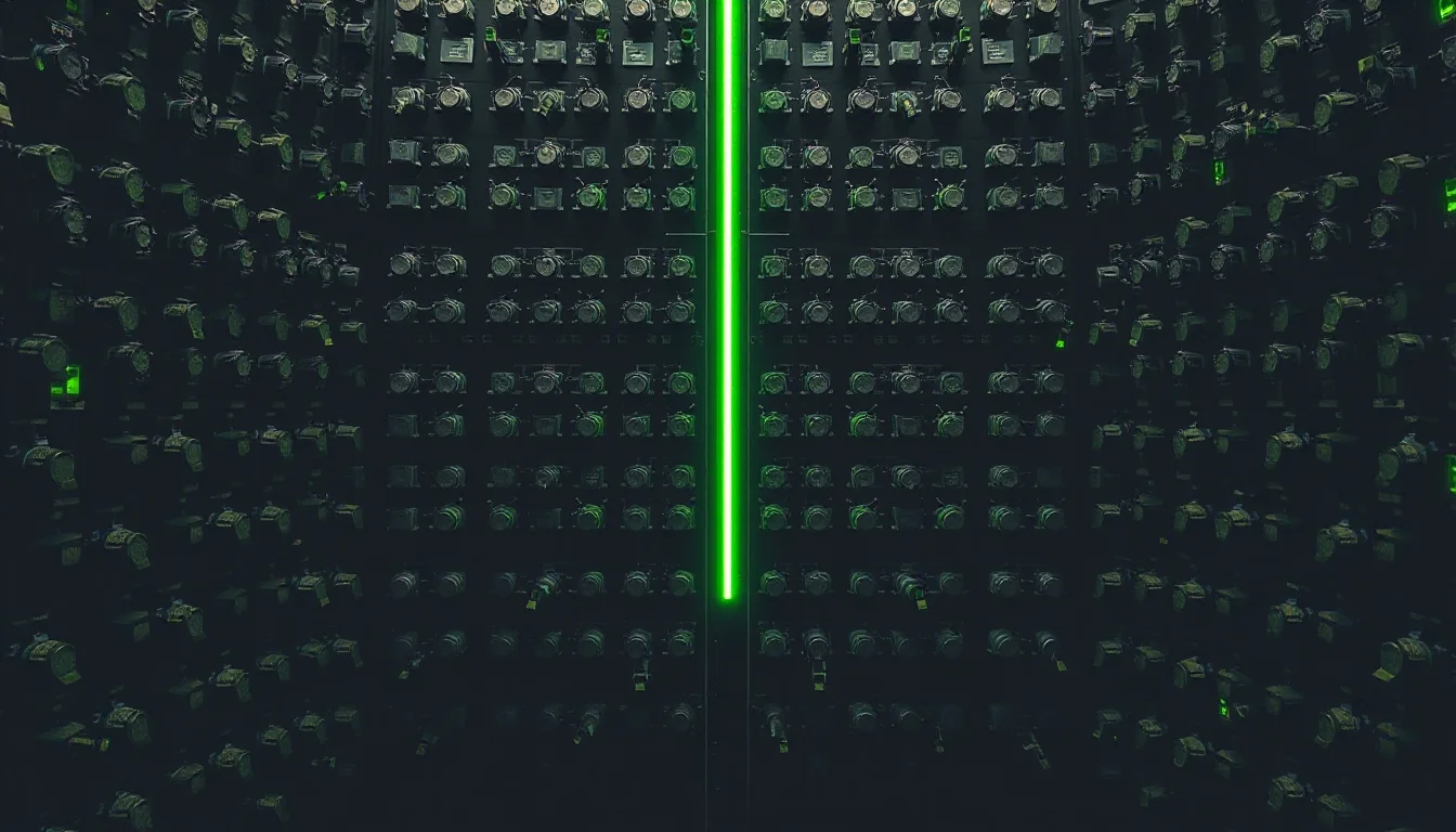 Dark editorial cover: a single bold electric-lime line runs straight down the centre of a vast charcoal grid of identical unlabeled switches, its glow spilling across the sprawl on either side before fading into black.