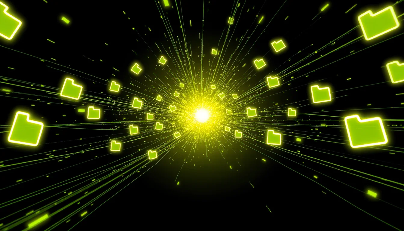 Dark editorial cover: glowing electric lime folder icons stream inward from all directions toward a blazing central point, trailing light against a deep charcoal void — abstract ingestion pipeline.