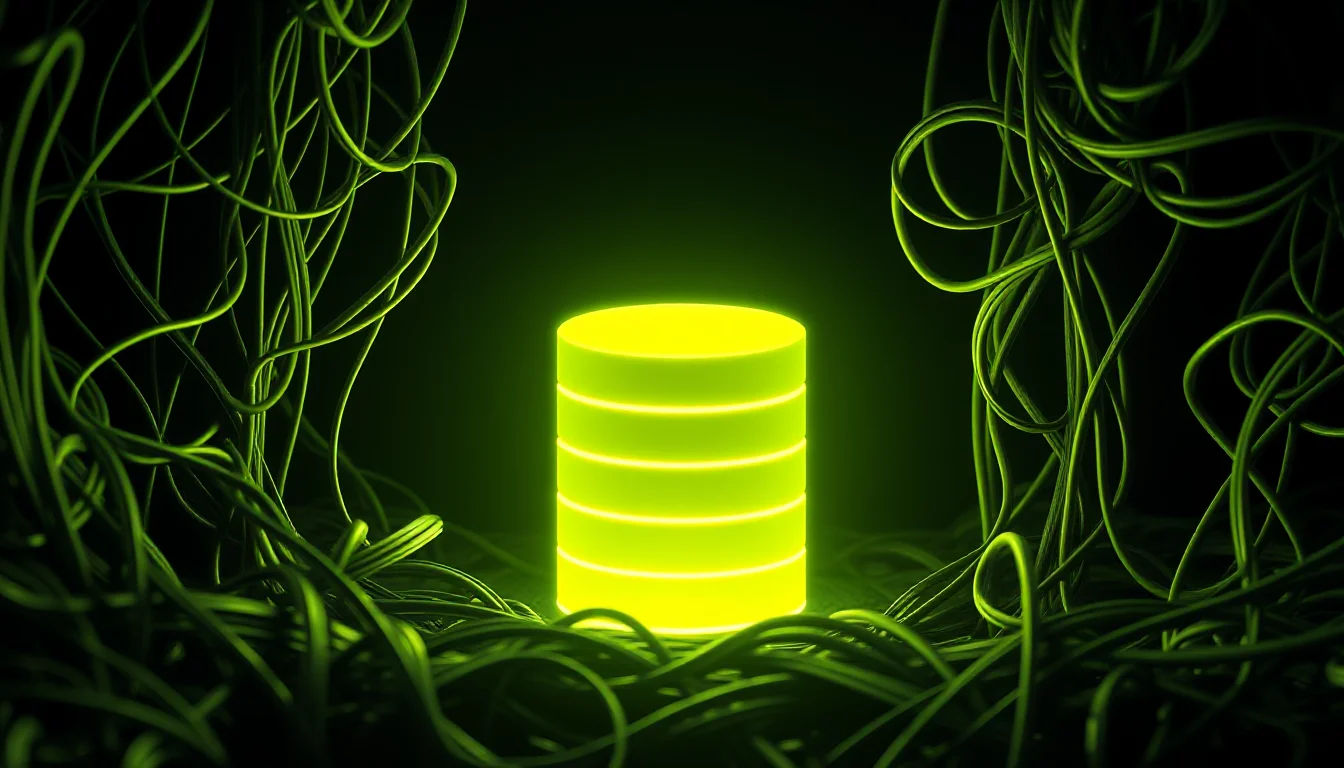 Dark editorial cover: a glowing yellow-green lime database cylinder sits calm and intact at the centre, hemmed in on all sides by a dense choked tangle of gridlocked wires against a near-black void.