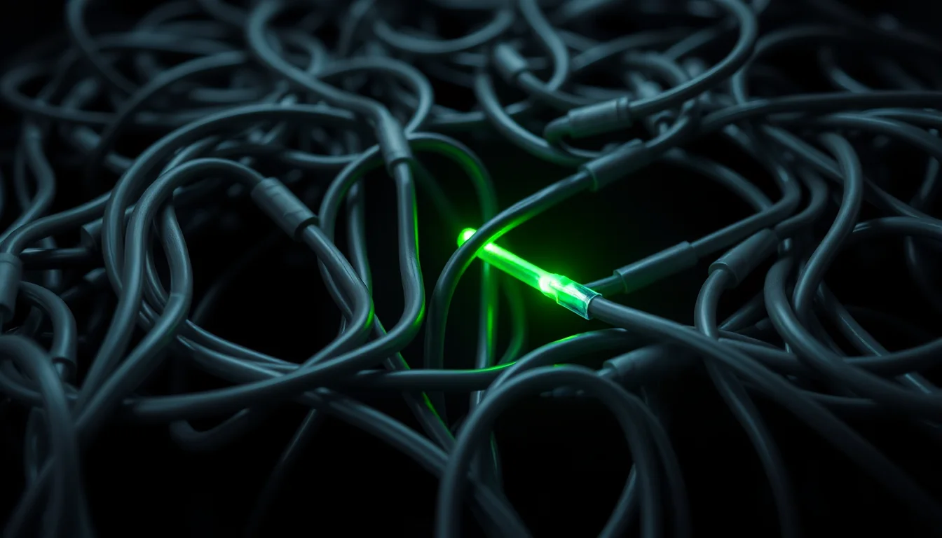 Dark editorial cover: a dense tangle of jumper wire connector pins in near-black charcoal, with a single electric lime wire tracing a glowing path through the center toward one luminous contact point against a void.