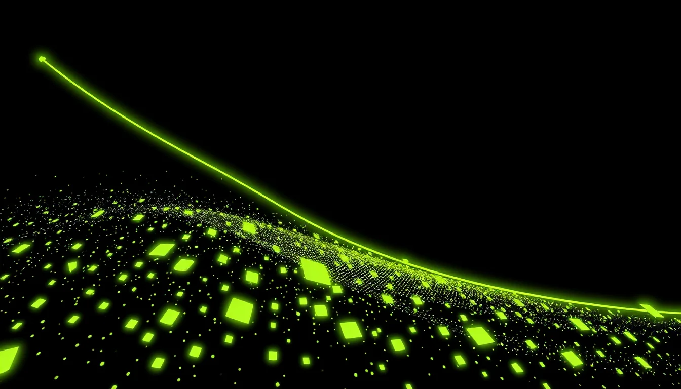 Dark editorial cover: an electric lime line graph descends from top-left to bottom-right across a charcoal black void, with glowing geometric squares and particles fragmenting across the lower half like scattered test markers in freefall.
